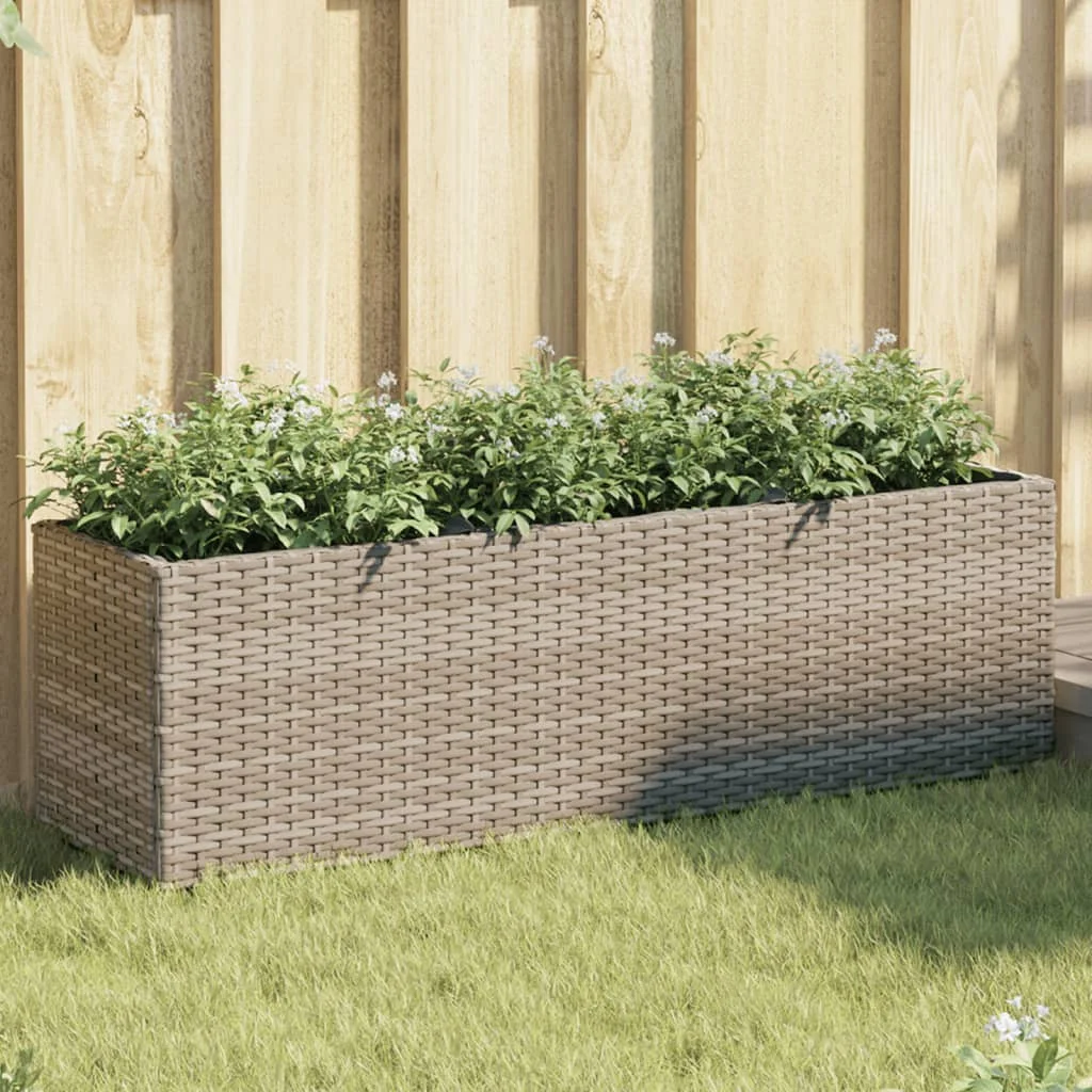 Szürke polyrattan kerti ültetőláda 3 cseréppel 105x30x32 cm