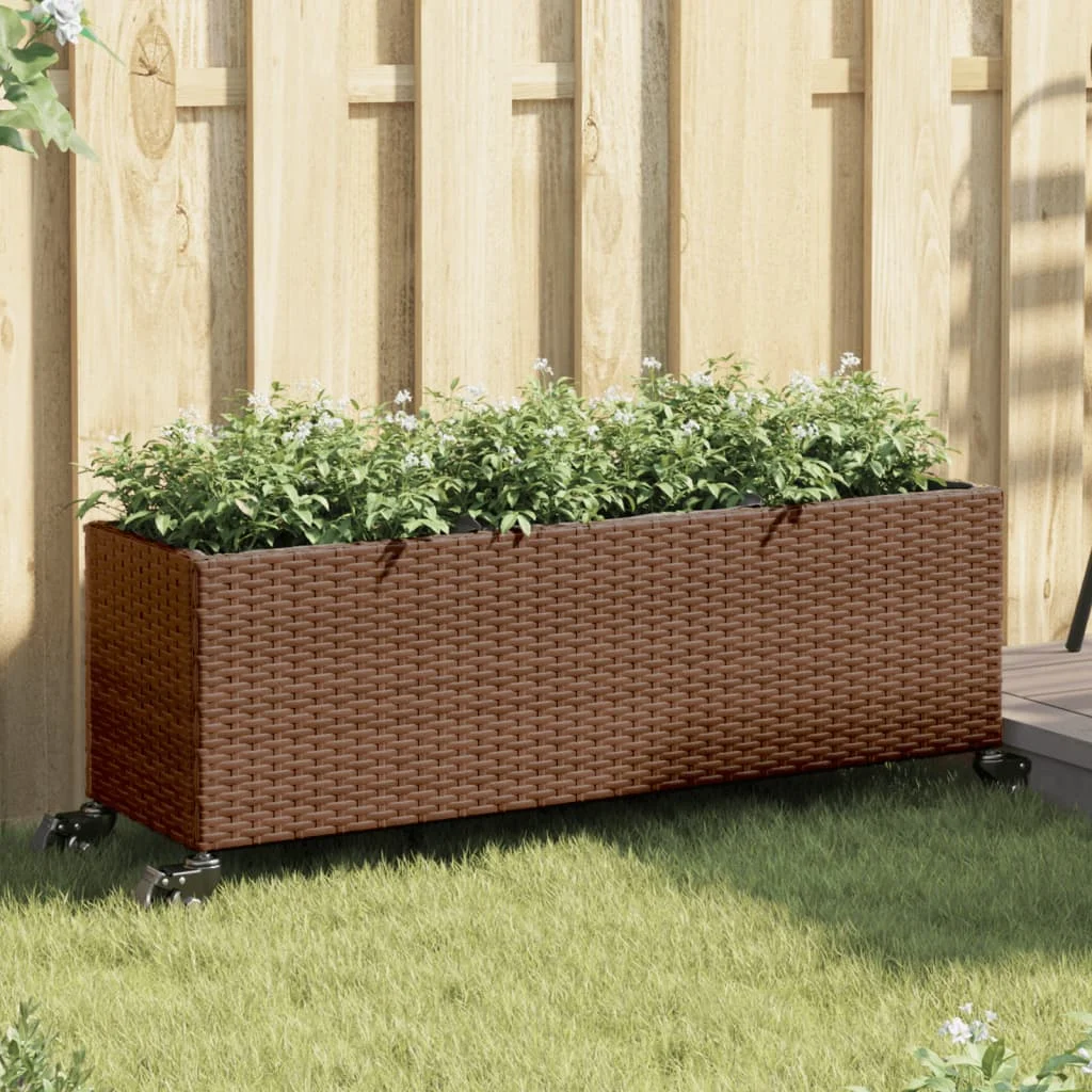 Barna polyrattan növénytartó kerékkel/3 cseréppel 107x32x38 cm