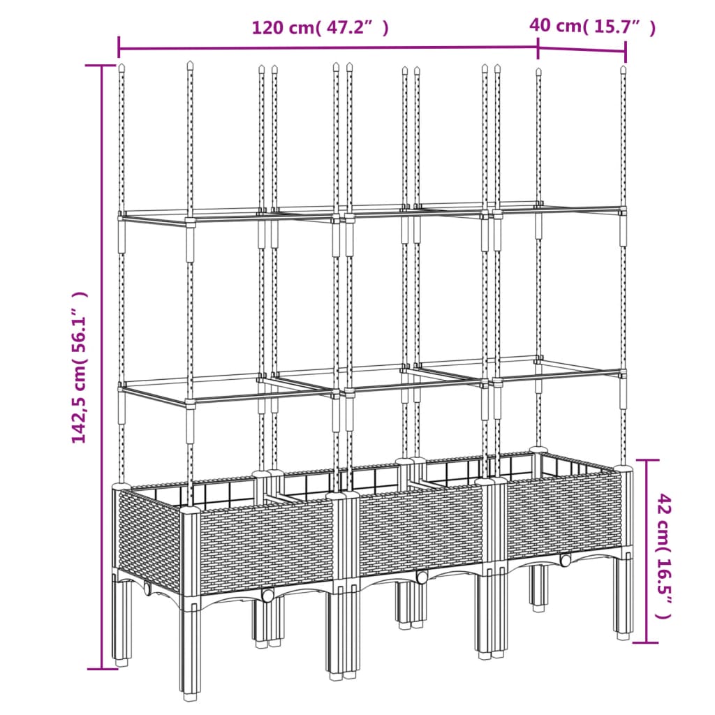 Világosszürke PP rácsos kerti ültetőláda 120 x 40 x 142,5 cm