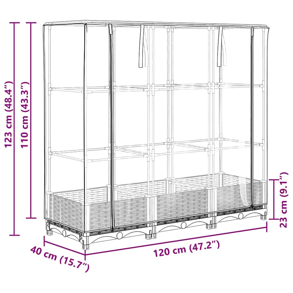 Rattan hatású magaságyás üvegháztakaróval 120 x 40 x 123 cm