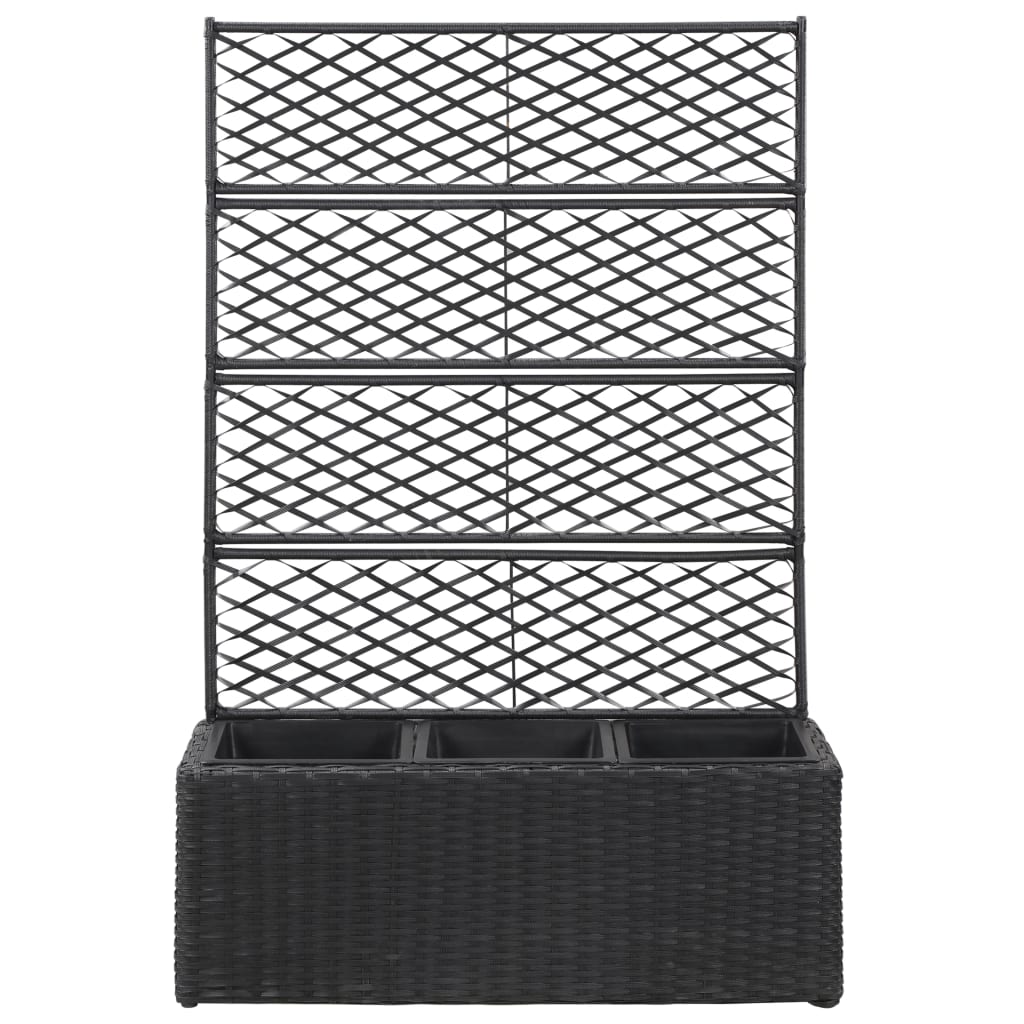 Fekete rácsos polyrattan magaságyás 3 kaspóval 83 x 30 x 130 cm