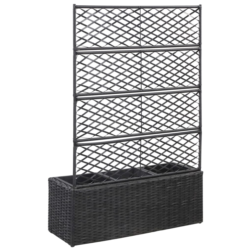 Fekete rácsos polyrattan magaságyás 3 kaspóval 83 x 30 x 130 cm