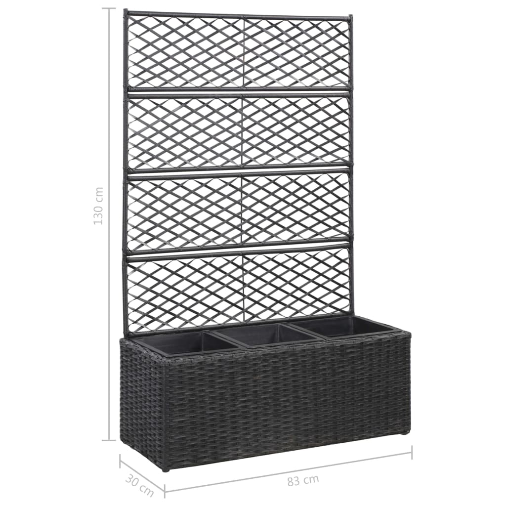 Fekete rácsos polyrattan magaságyás 3 kaspóval 83 x 30 x 130 cm