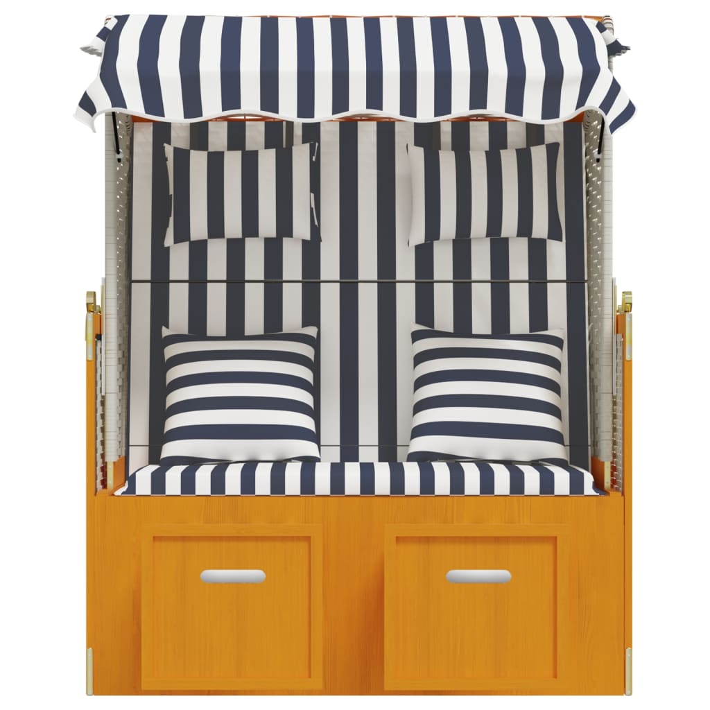 Fehér és kék polyrattan és tömör fa strandszék párnákkal