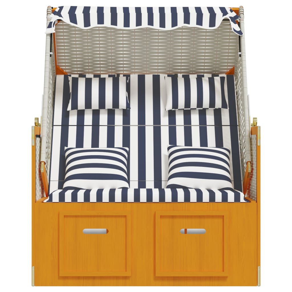 Fehér és kék polyrattan és tömör fa strandszék párnákkal