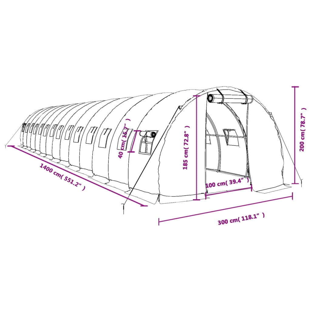 Zöld acélvázas melegház 42 m² 14 x 3 x 2 m