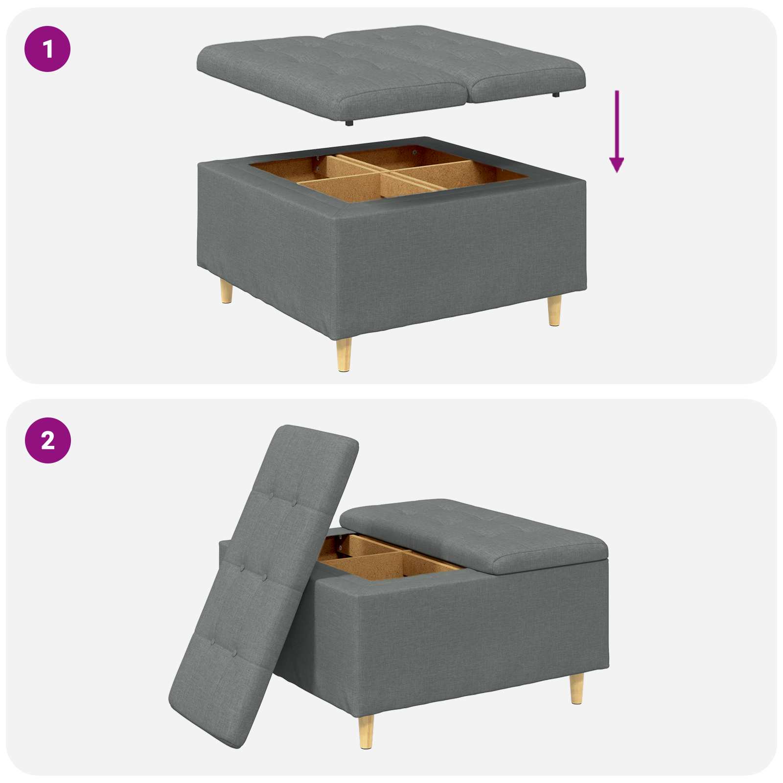 Tároló oszmán párnával Sötétszürke 80 x 80 x 45 cm szövet